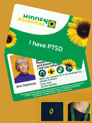 Front and back view of a Sunflower condition card with text on the back of the card, portrait of a person, disability icons and a Sunflower lanyard inset under the card.
