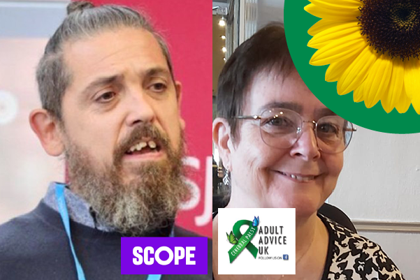 Photo of Richard Luke and the Scope logo and Karen Watson Cerebral Palsy Adult Advice Service UK