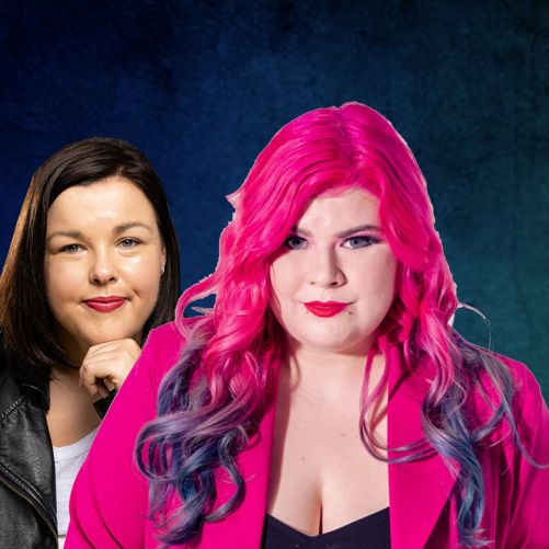Peta in front of Zoe smiling wearing a pink jacket with bright pink hair 
